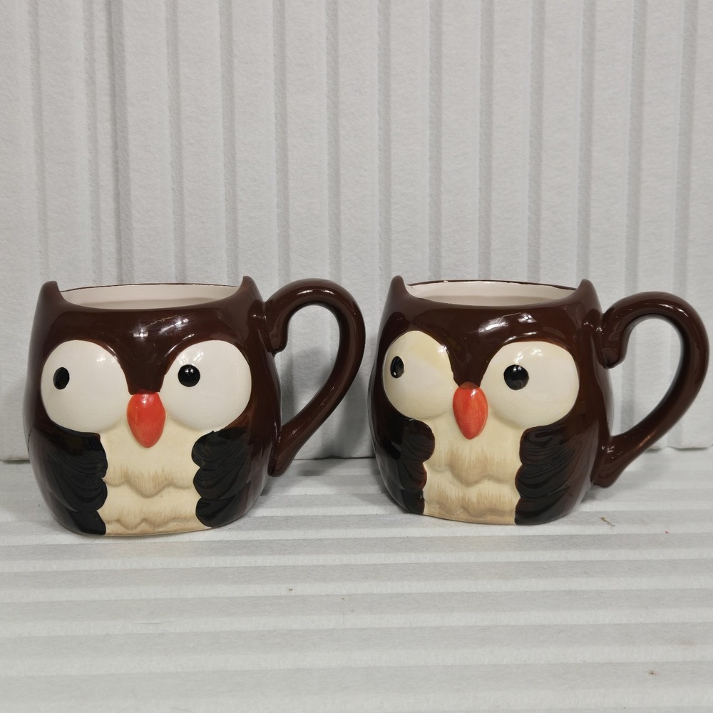 Set of 2 Brown Ceramic Owl Coffee Mugs 3D Sculpted Bird Tea‎ Cups Glossy Finish